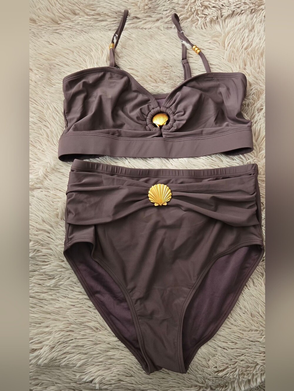 High-Waist Shell Accent Brown Bikini Set #1368 NWOT - Picture 3 of 7
